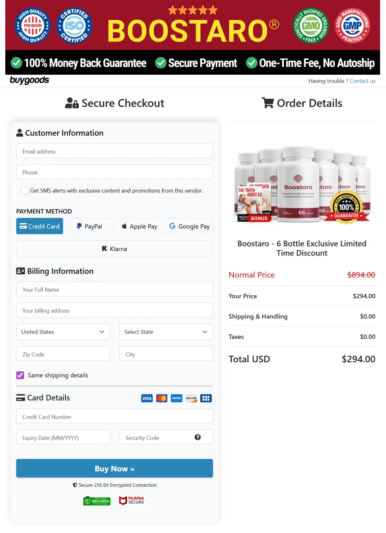 Boostaro checkout page